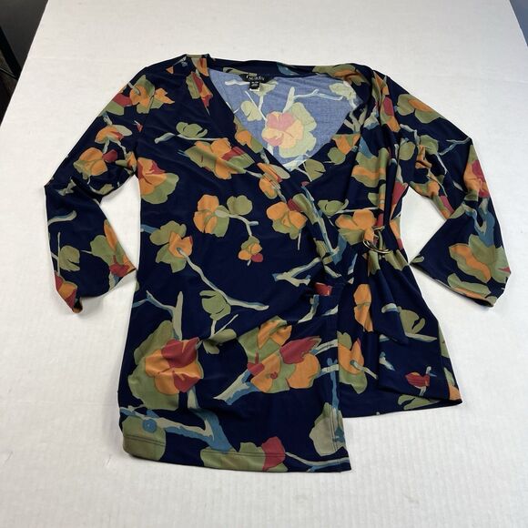 Ralph Lauren Navy Faux Wrap Blouse XL Floral Boho Surplice Jersey Stretch Top - Picture 1 of 11